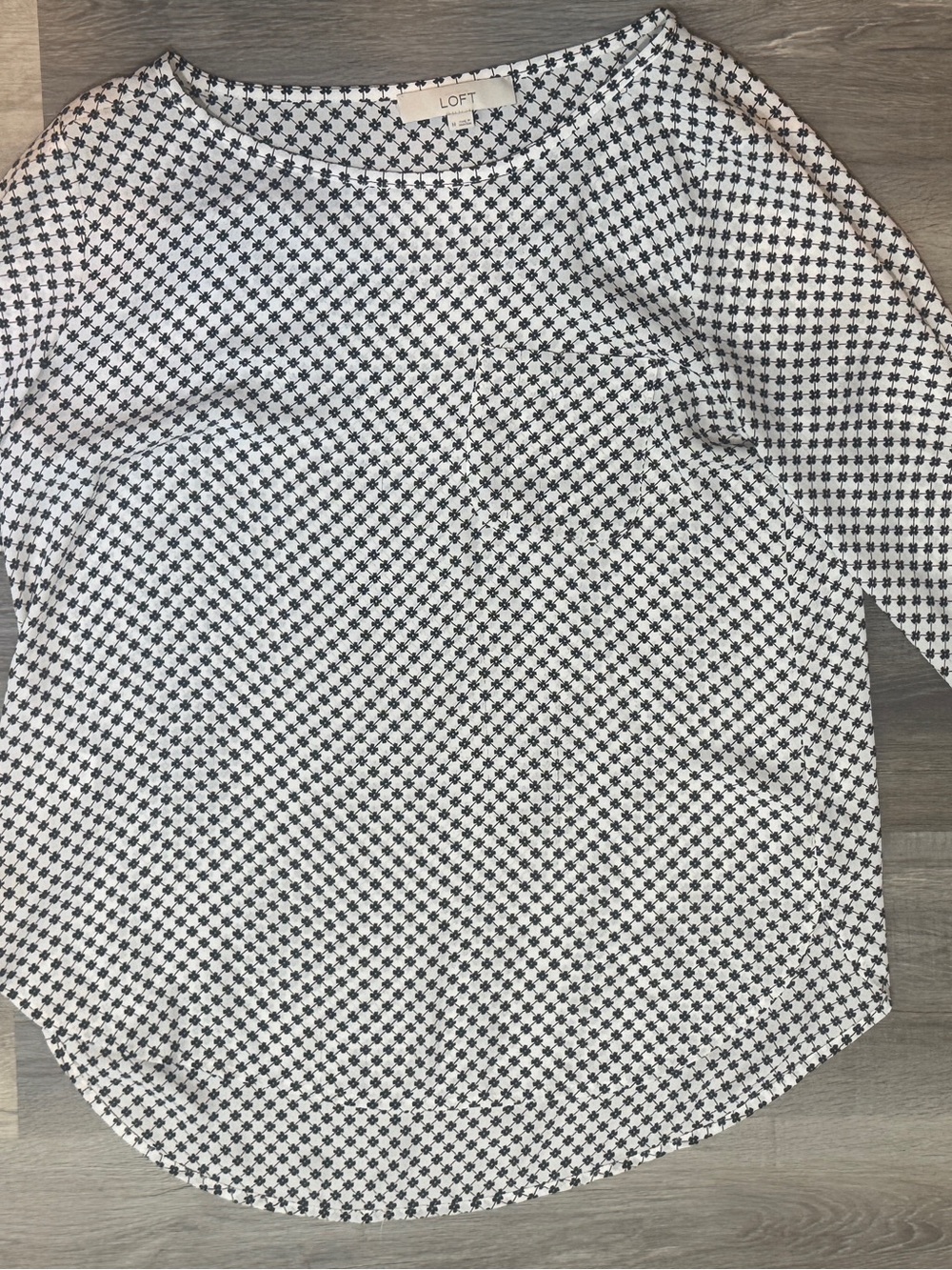 LOFT Black Crewneck Sweater with Gray and White Shoulder Stripes
